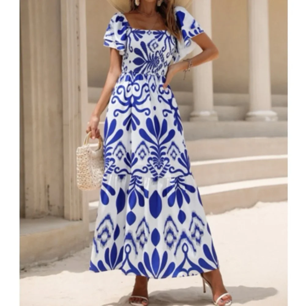 Boho  floral print shirred maxi dress_5